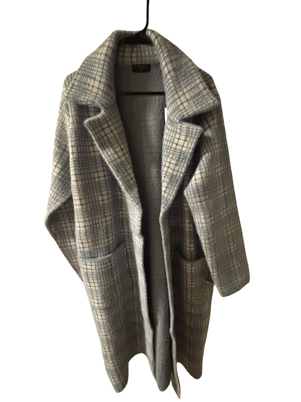 Tahari Light Blue Plaid Long Open-Front Light Academia Cottagecore Trench Coat L